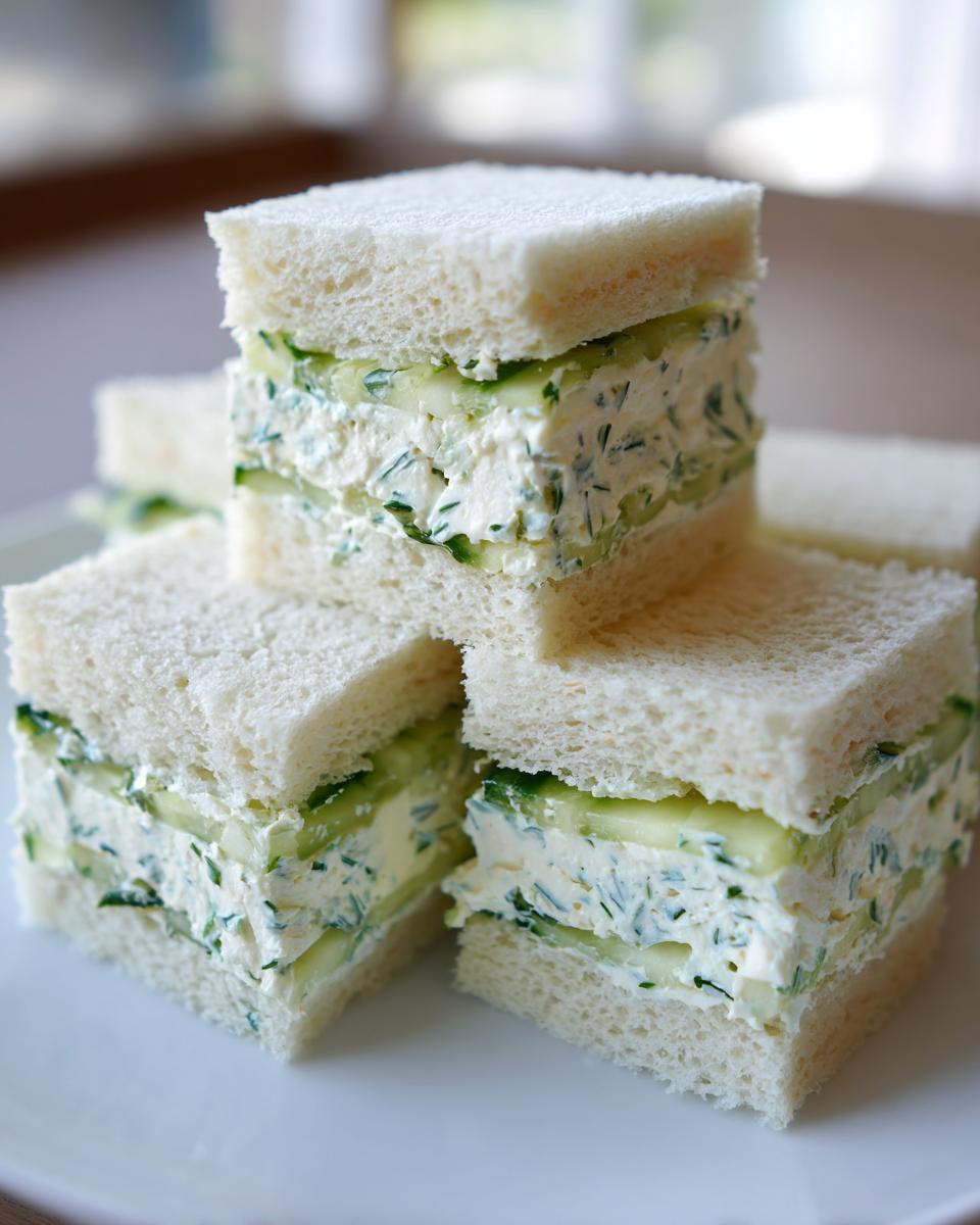 Close-up of stacked, crustless cucumber sandwiches filled with a thick, herbed cream cheese mixture.