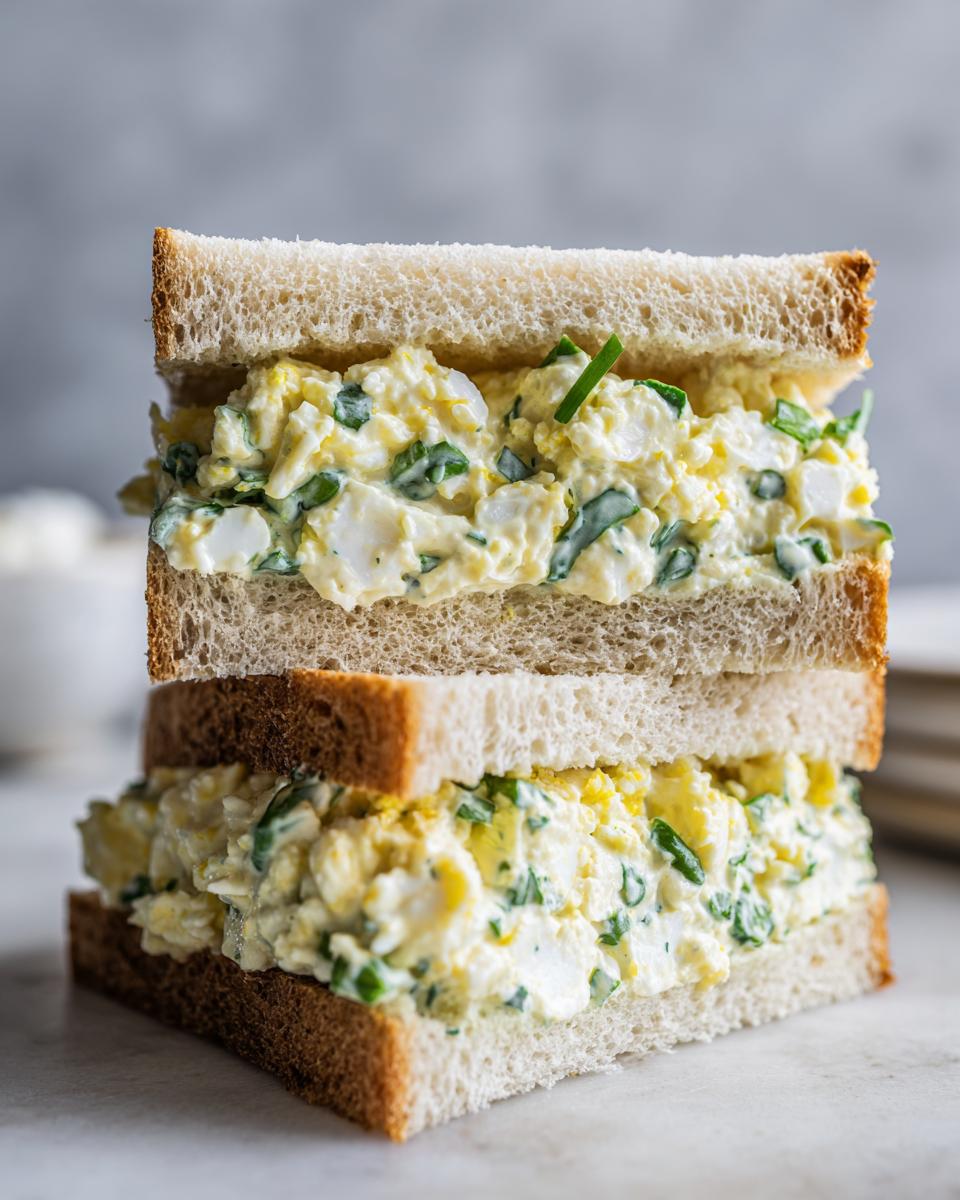 Two stacked halves of a delicious egg salad sandwich on soft white bread, showing creamy filling with green herbs.