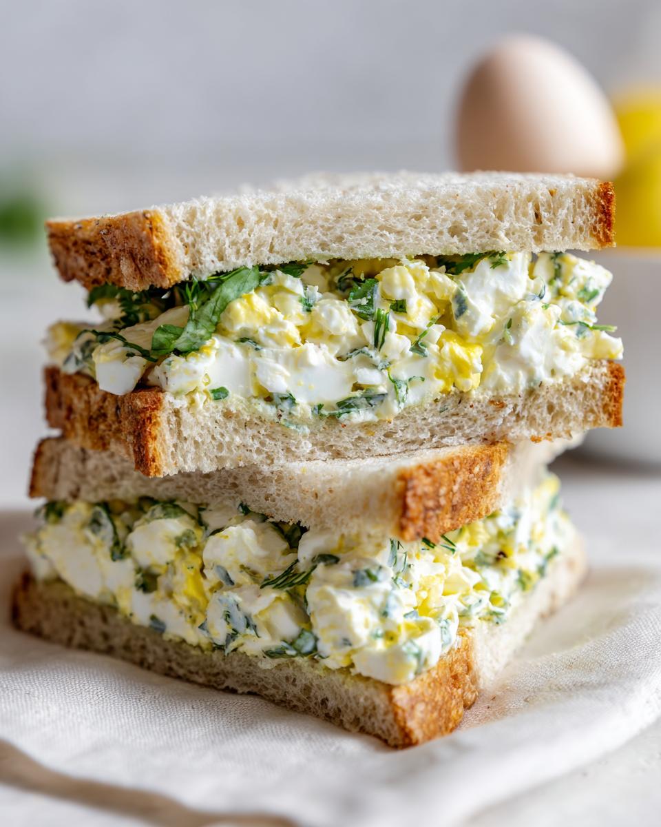 Two halves of a stacked egg salad sandwich on whole grain bread, generously filled with creamy egg salad and green herbs.