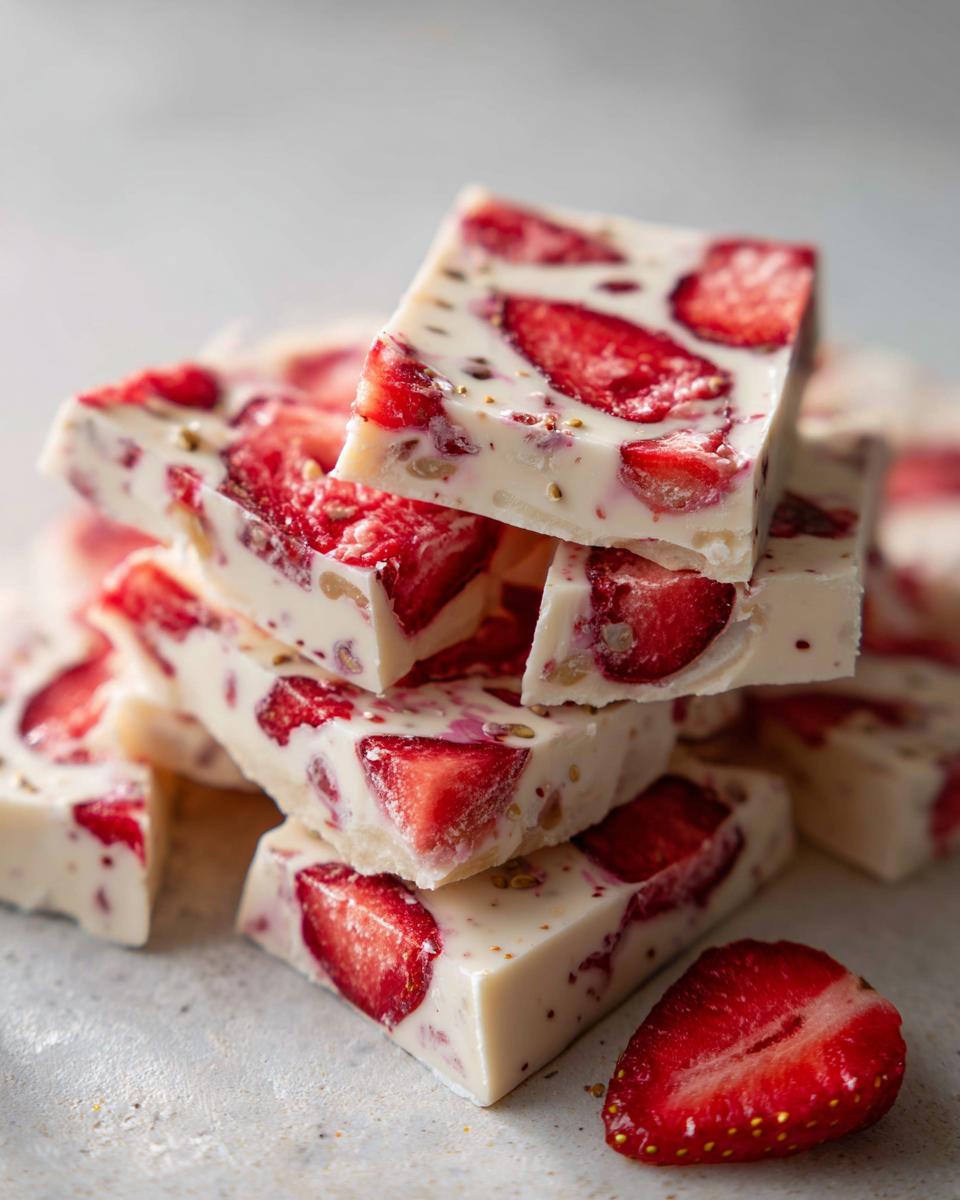 A stack of homemade Strawberry froyo bark squares featuring visible slices of bright red strawberries embedded in white frozen yogurt.