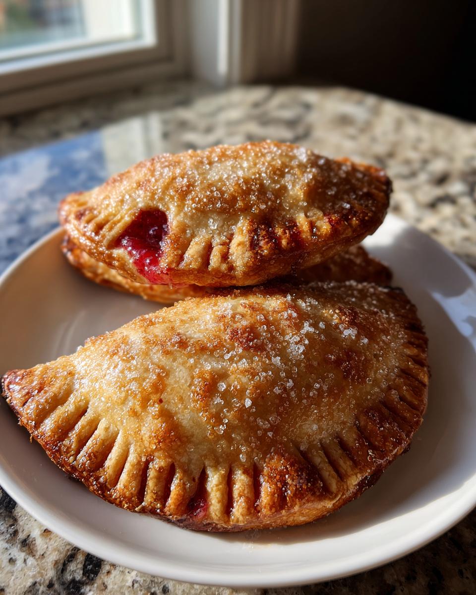 Close-up of two golden-brown Strawberry basil hand pies sprinkled with coarse sugar on a white plate.