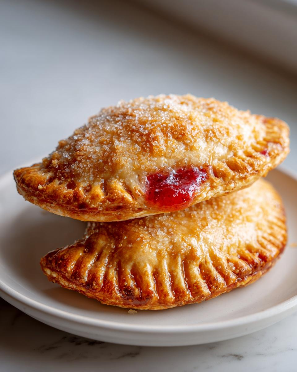 Two golden-brown strawberry basil hand pies stacked, sprinkled with coarse sugar, showing strawberry filling peeking out.