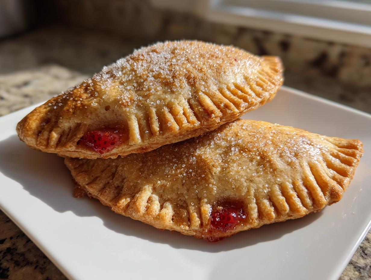 Two golden-brown strawberry basil hand pies, sprinkled heavily with coarse sugar, stacked on a white plate.
