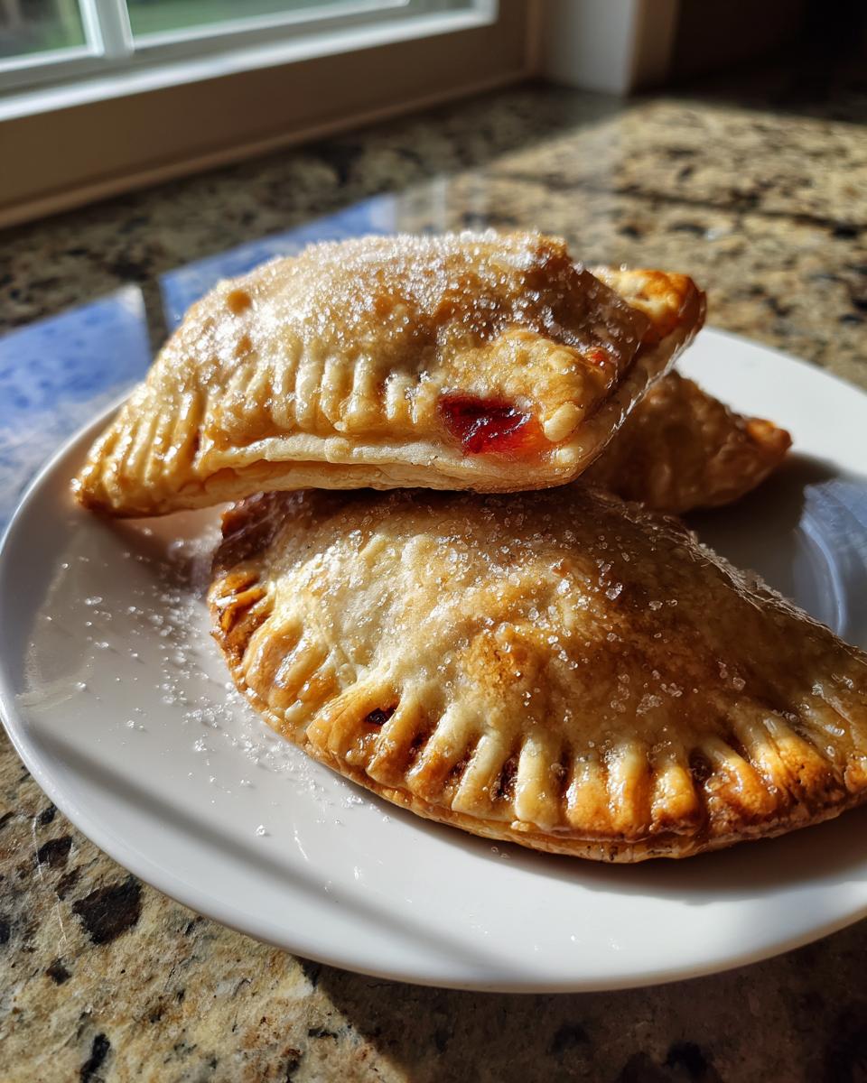 Close-up of golden brown Strawberry basil hand pies stacked on a white plate, sprinkled with coarse sugar.