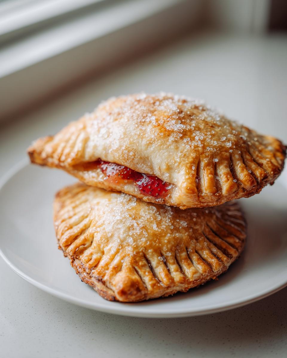 Two golden-brown strawberry basil hand pies stacked on a white plate, sprinkled with coarse sugar.