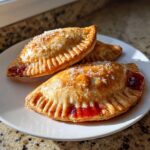Three golden-brown strawberry basil hand pies sprinkled with coarse sugar on a white plate.