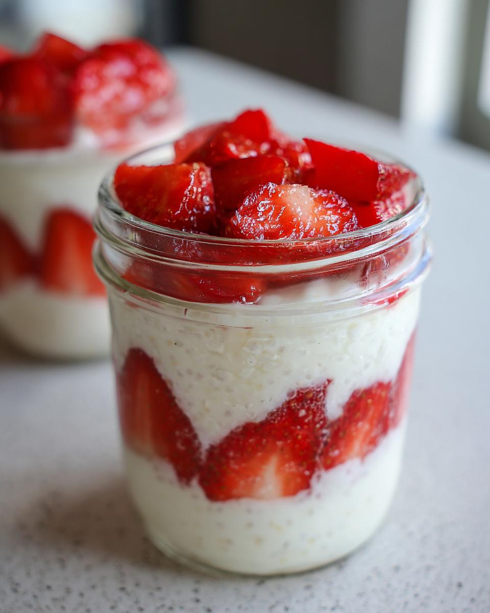 Close-up of creamy white strawberry chia seed pudding layered with fresh sliced strawberries in a small glass jar.