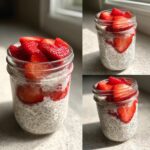 Three images showing Strawberry chia seed pudding layered with fresh sliced strawberries in small glass jars.