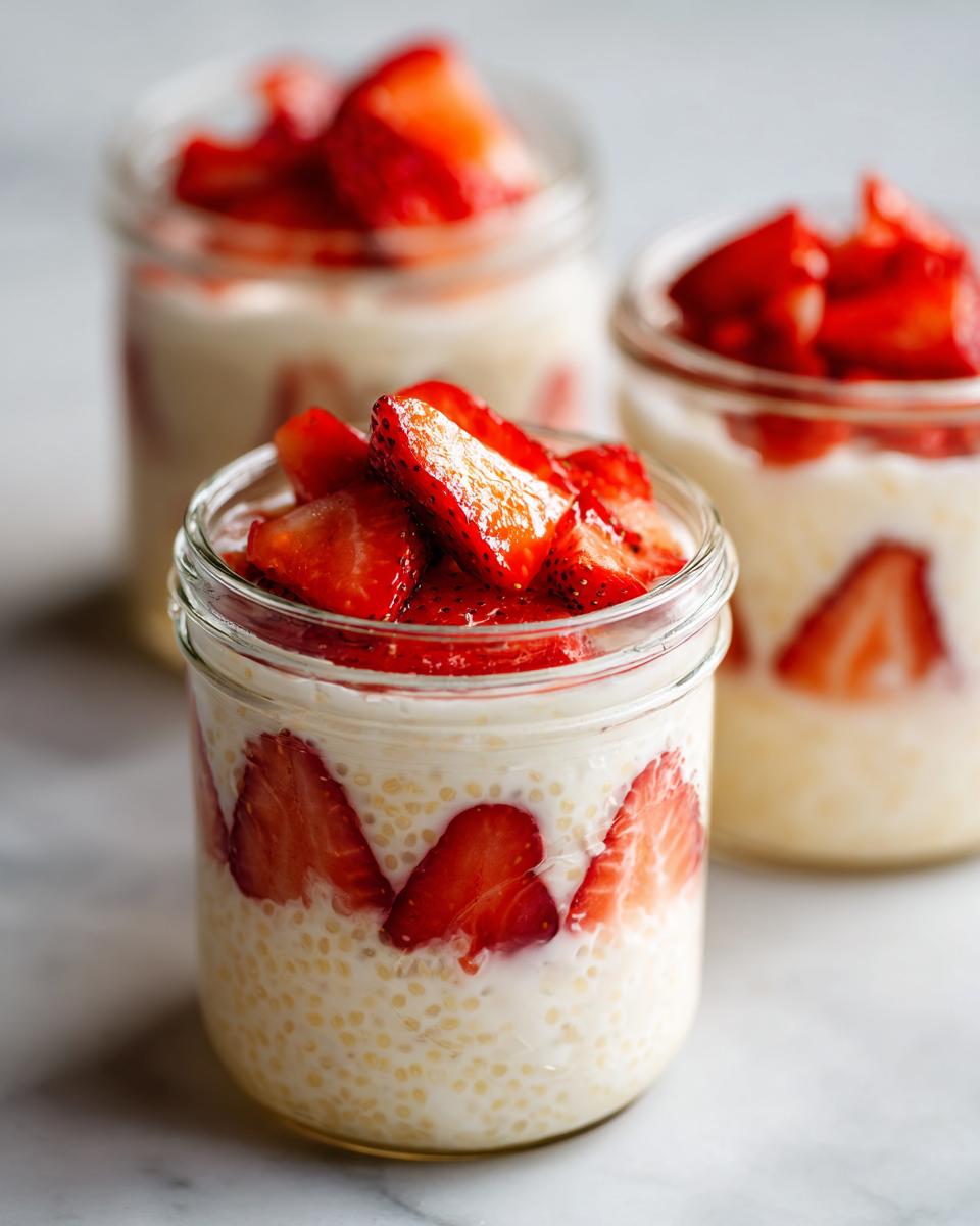Three glass jars filled with creamy Strawberry chia seed pudding layered with fresh sliced strawberries.