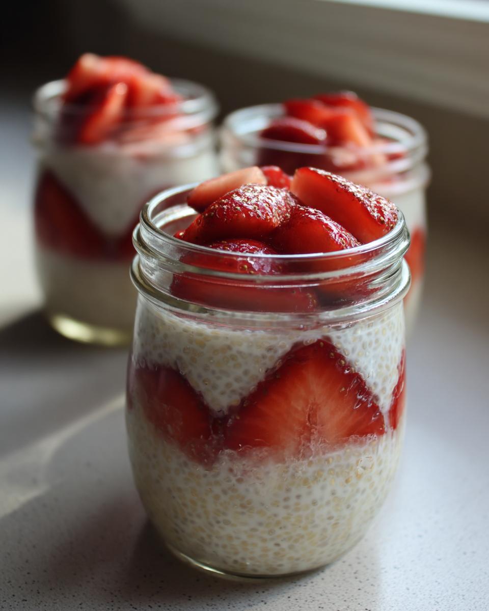 Three glass jars filled with creamy Strawberry chia seed pudding layered with fresh sliced strawberries.