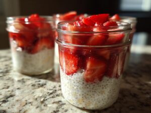 Close-up of Strawberry chia seed pudding layered with fresh sliced strawberries in a small glass jar.