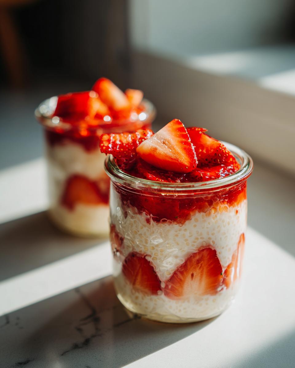 Close-up of Strawberry chia seed pudding layered with fresh strawberries in a small glass jar, brightly lit by sunlight.