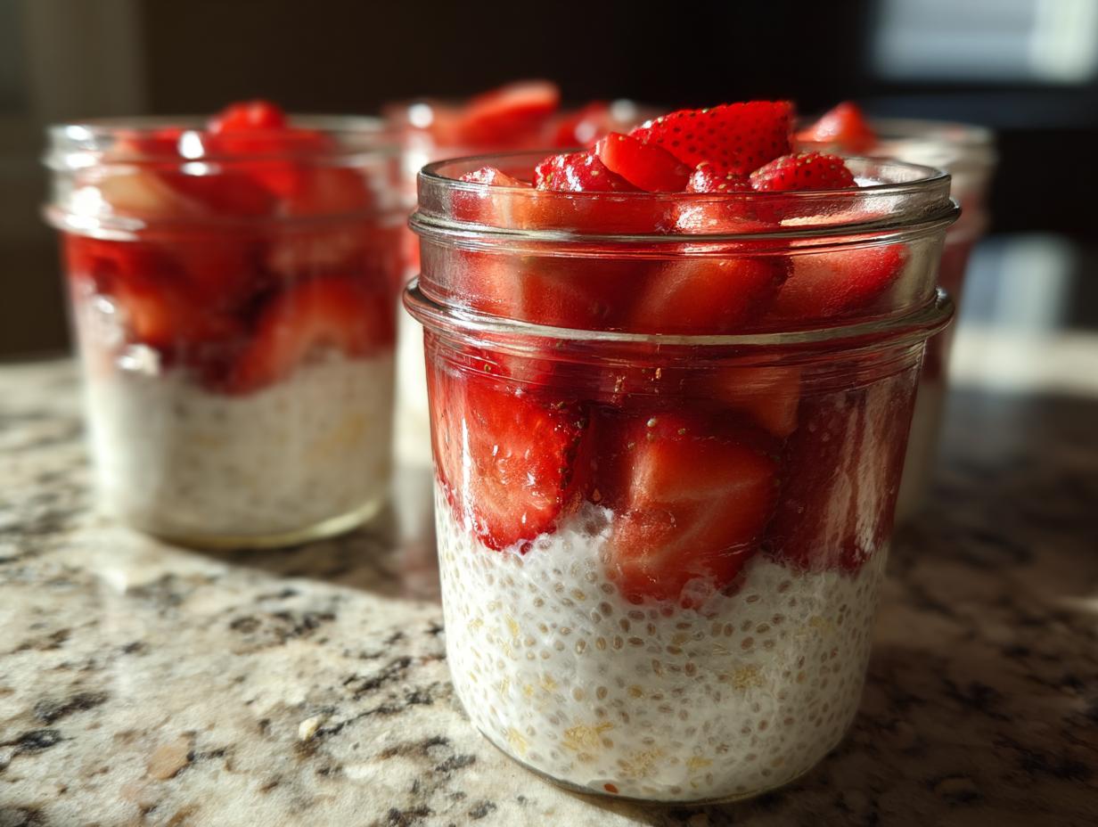 Close-up of Strawberry chia seed pudding layered with fresh sliced strawberries in a small glass jar.