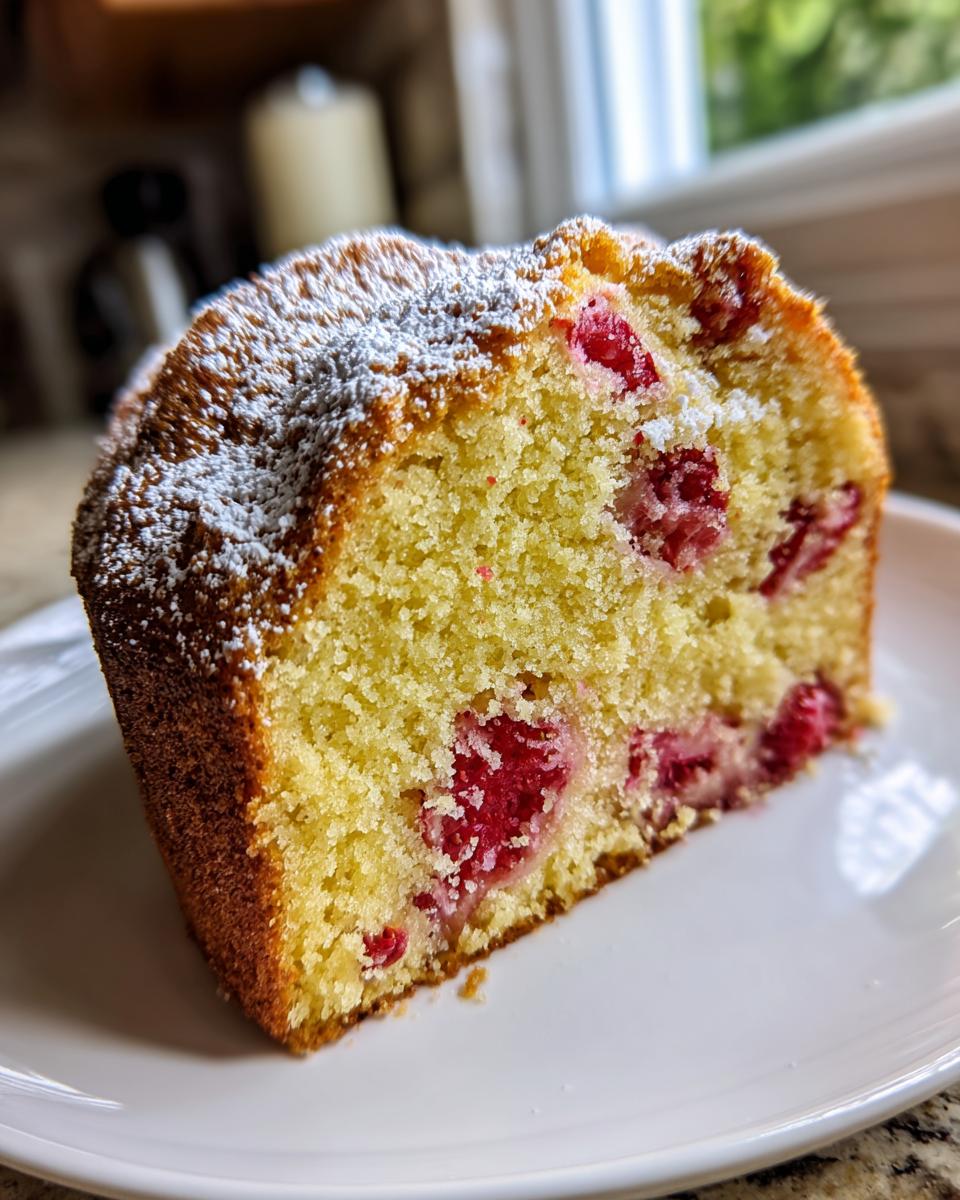 A close-up slice of moist Strawberry country cake studded with bright red berries and dusted with powdered sugar.