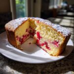 A slice removed from a round Strawberry country cake, showing the moist yellow crumb filled with bright red strawberries.
