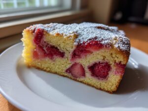Close-up of a moist slice of Strawberry country cake, studded with bright red berries and dusted with powdered sugar.