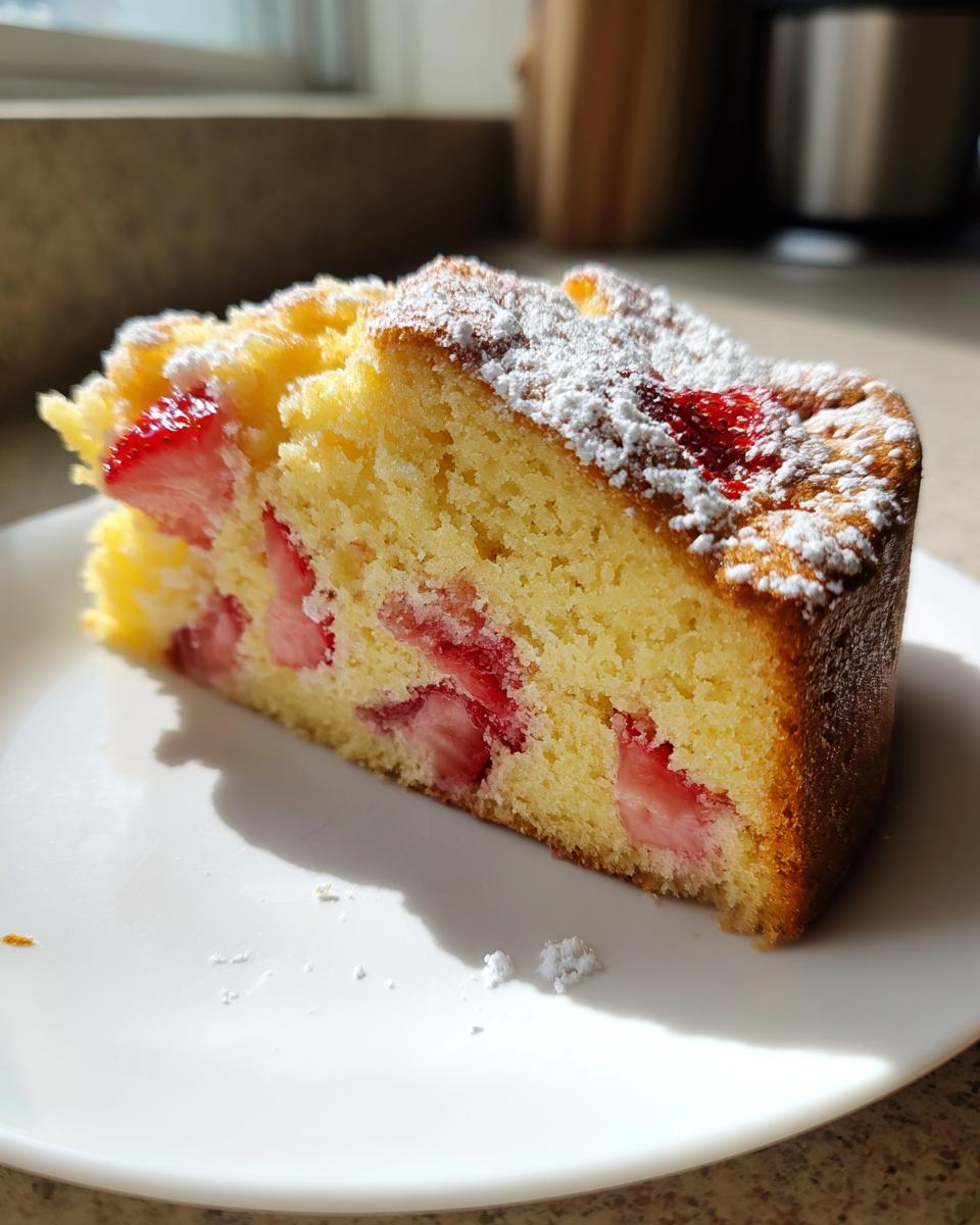 A moist slice of Strawberry country cake with visible strawberry pieces, dusted with powdered sugar, sitting on a white plate.