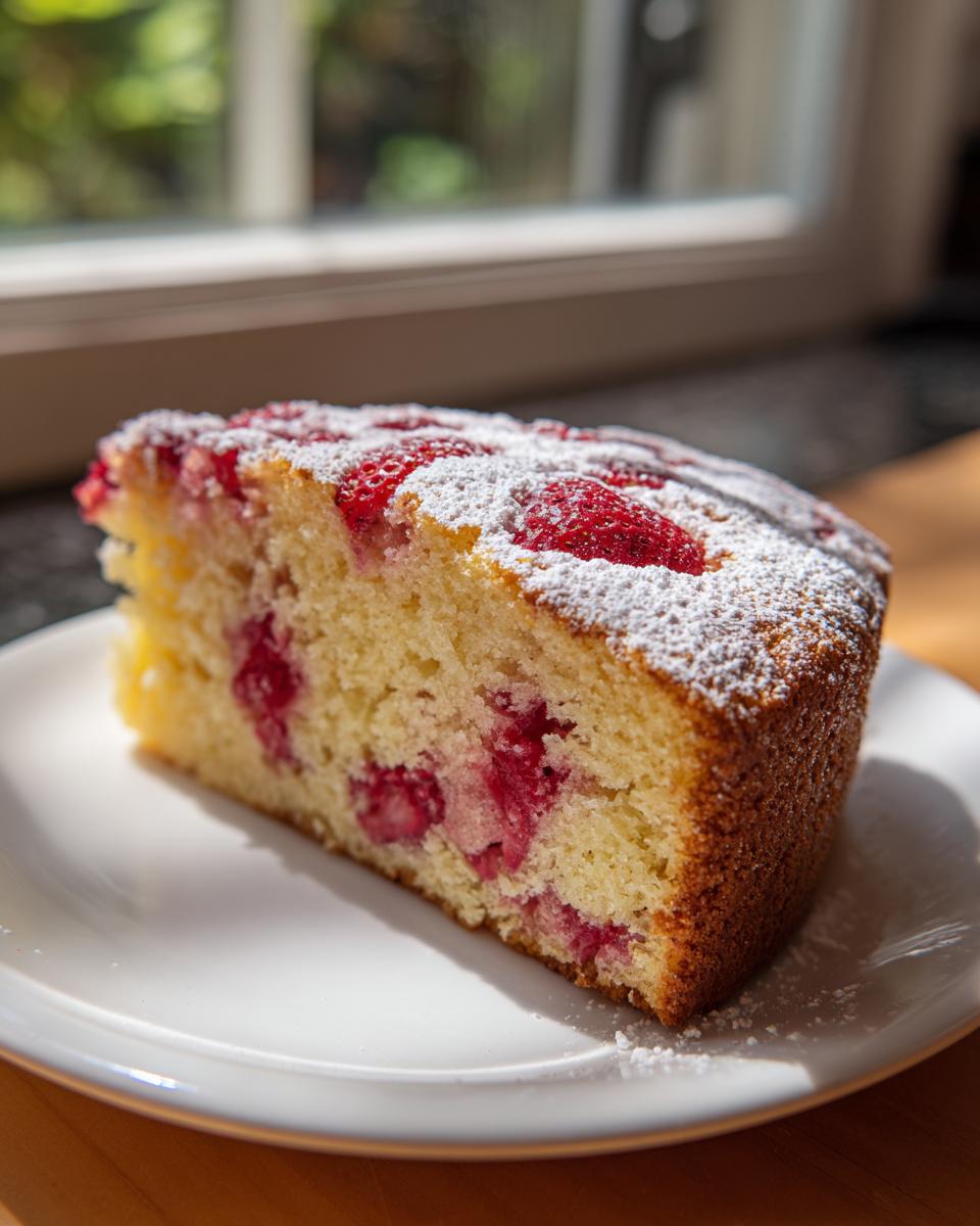 A close-up slice of moist Strawberry country cake topped with fresh strawberries and powdered sugar.