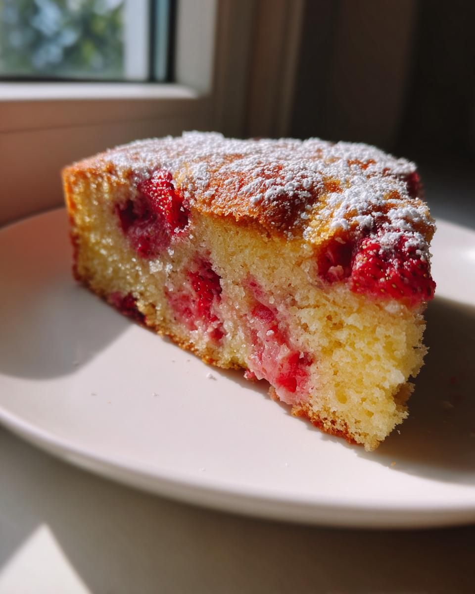 A moist slice of Strawberry country cake, studded with bright red fruit and dusted with powdered sugar, sitting on a white plate.