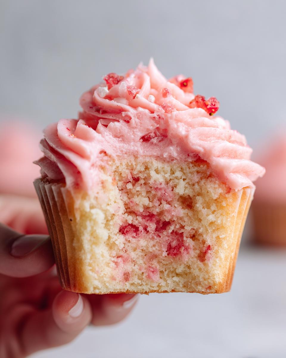 Close-up of a hand holding a strawberry cupcake with a bite taken out, revealing pink frosting and strawberry pieces in the cake.
