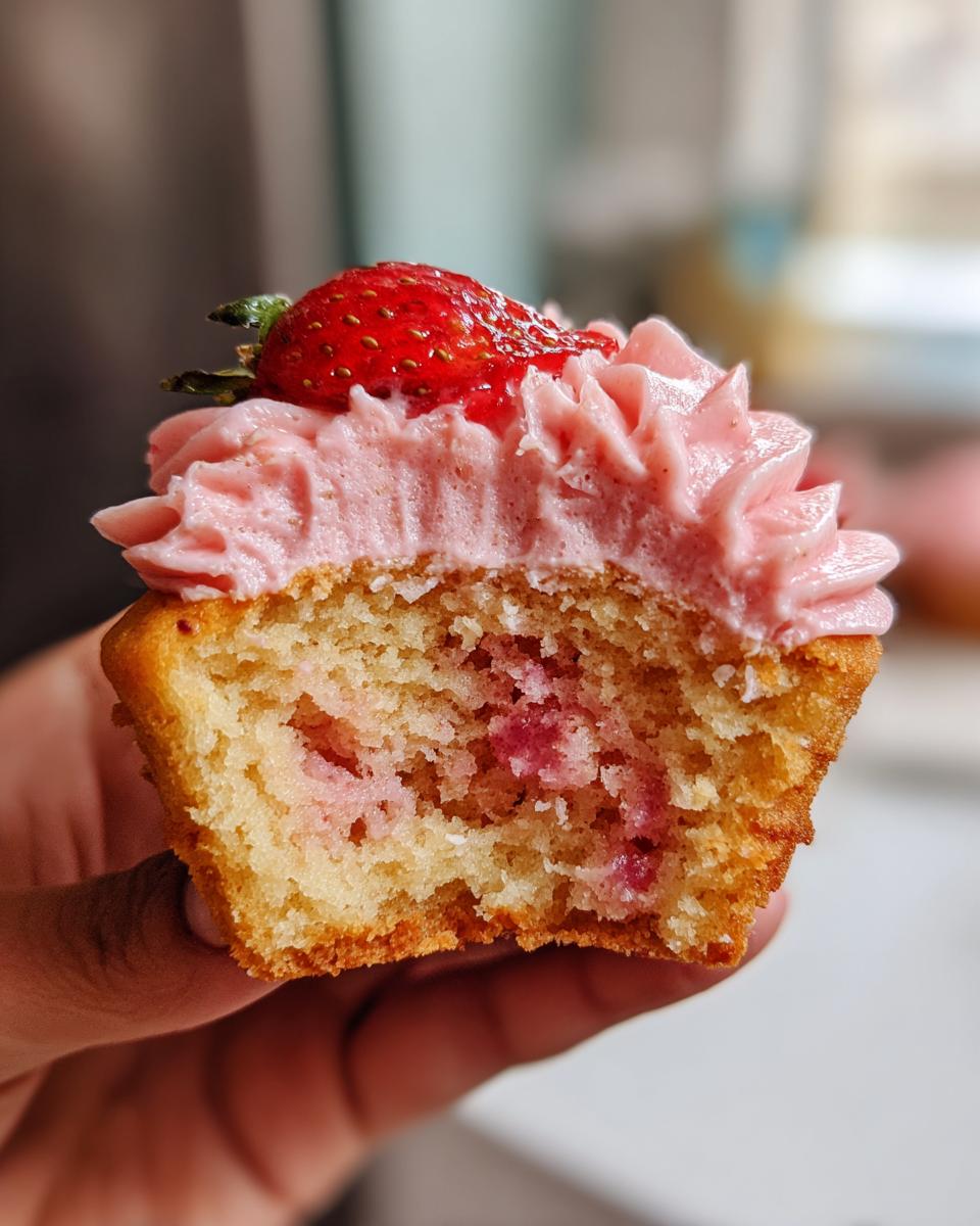 Close-up of a bitten Strawberry cupcake showing moist cake interior with strawberry pieces, pink frosting, and a fresh strawberry on top.