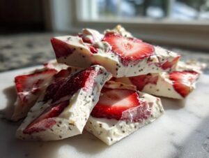 A stack of frozen white yogurt bark pieces topped with bright red strawberry slices and visible chia seeds, perfect for Strawberry froyo bark.