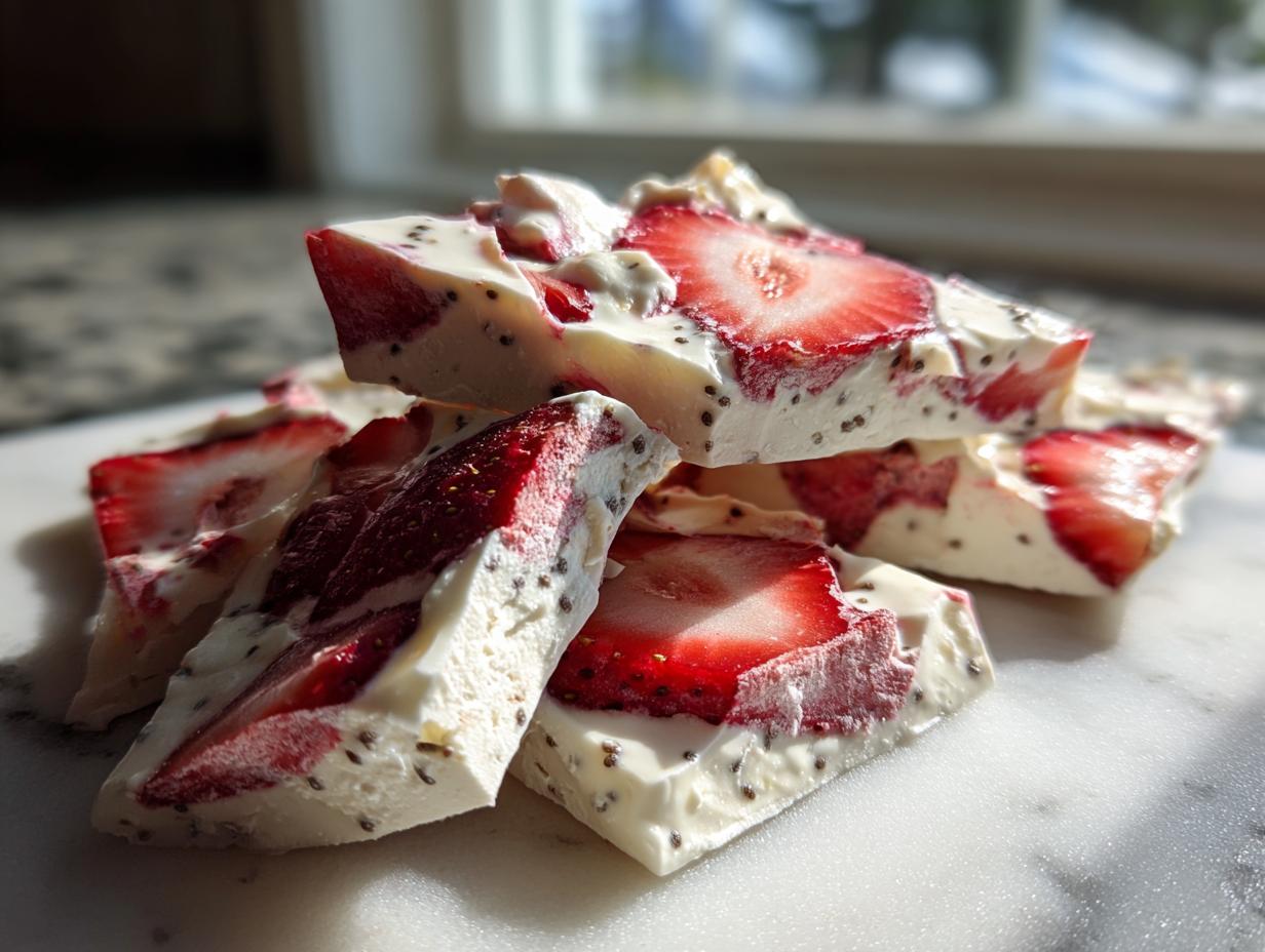 A stack of frozen white yogurt bark pieces topped with bright red strawberry slices and visible chia seeds, perfect for Strawberry froyo bark.