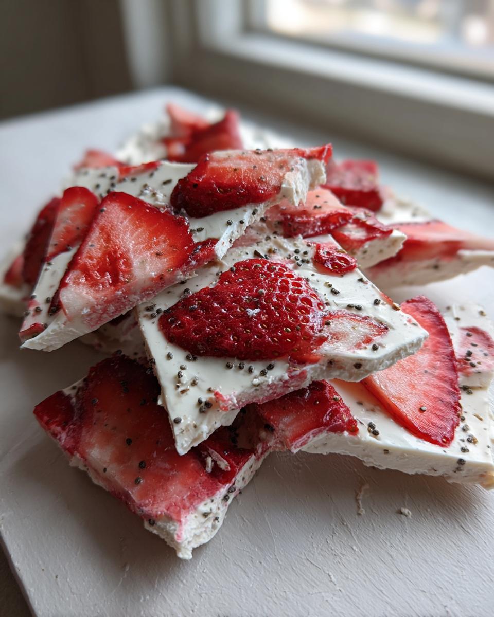Close-up of broken pieces of Strawberry froyo bark topped with sliced strawberries and chia seeds.
