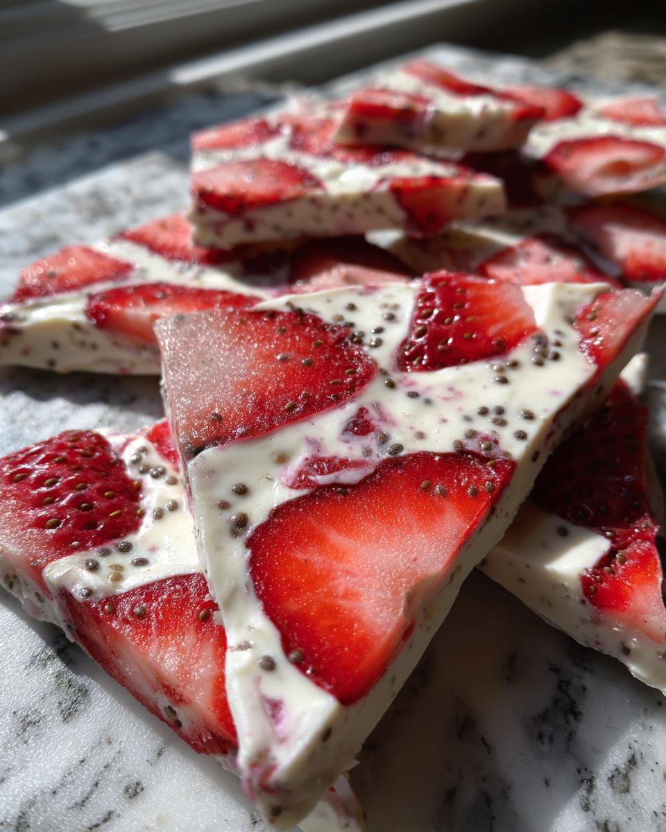 Close-up of triangular slices of bright red Strawberry froyo bark studded with chia seeds.