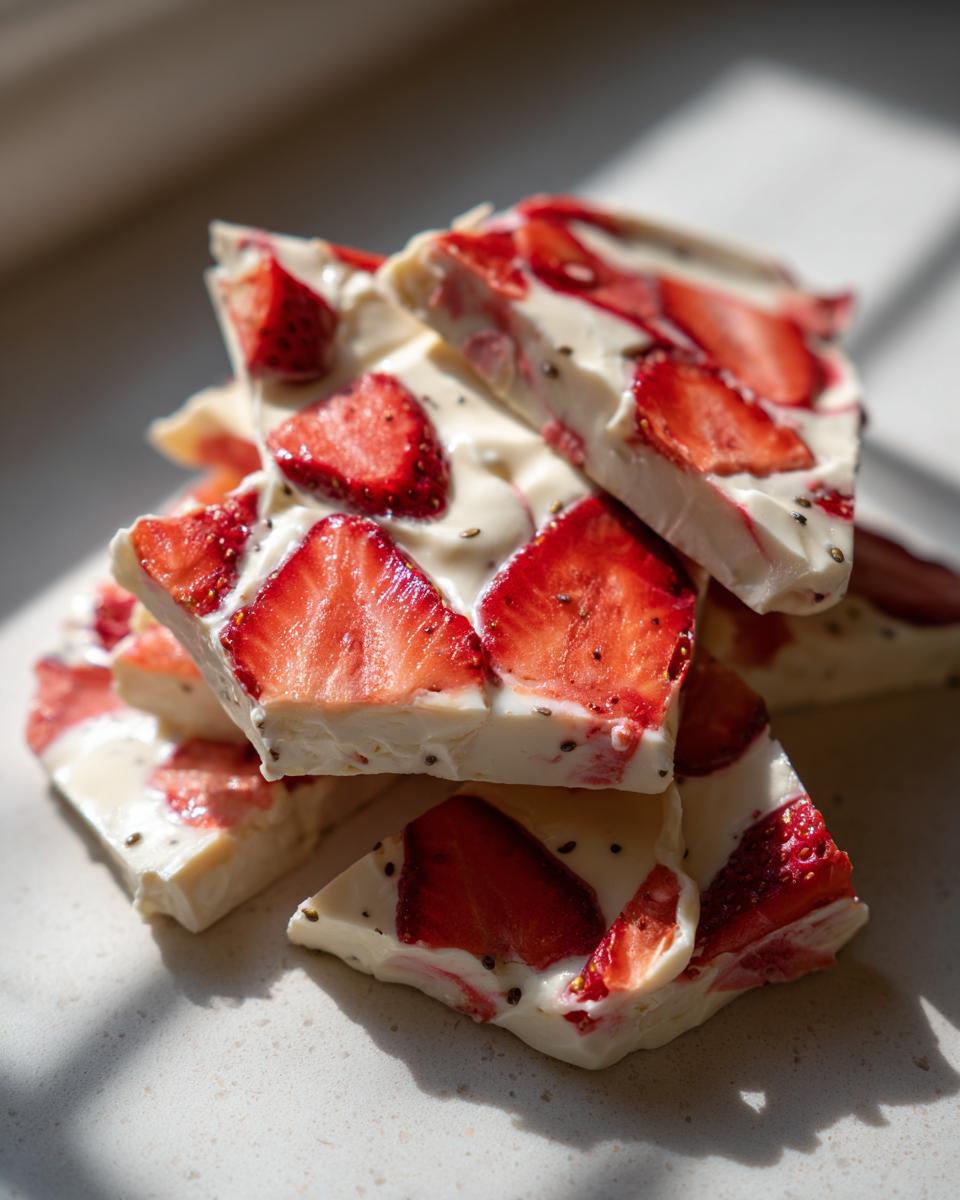 Close-up of stacked, broken pieces of homemade Strawberry froyo bark topped with bright red strawberry slices and visible chia seeds.