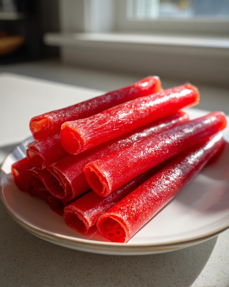 A stack of bright red, rolled Strawberry fruit roll up snacks resting on a white plate near a sunny window.
