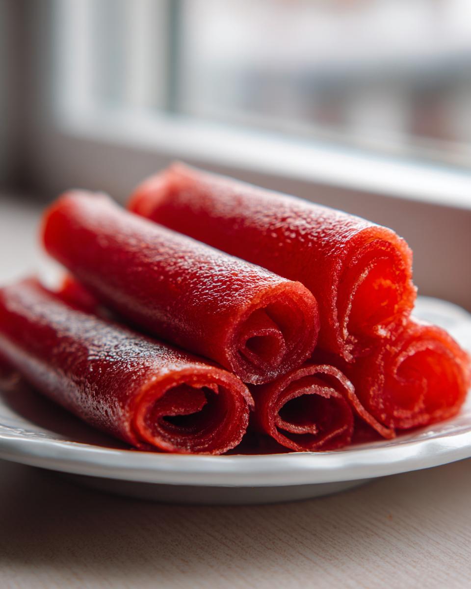 A stack of bright red, rolled homemade Strawberry fruit roll up snacks resting on a small white plate.