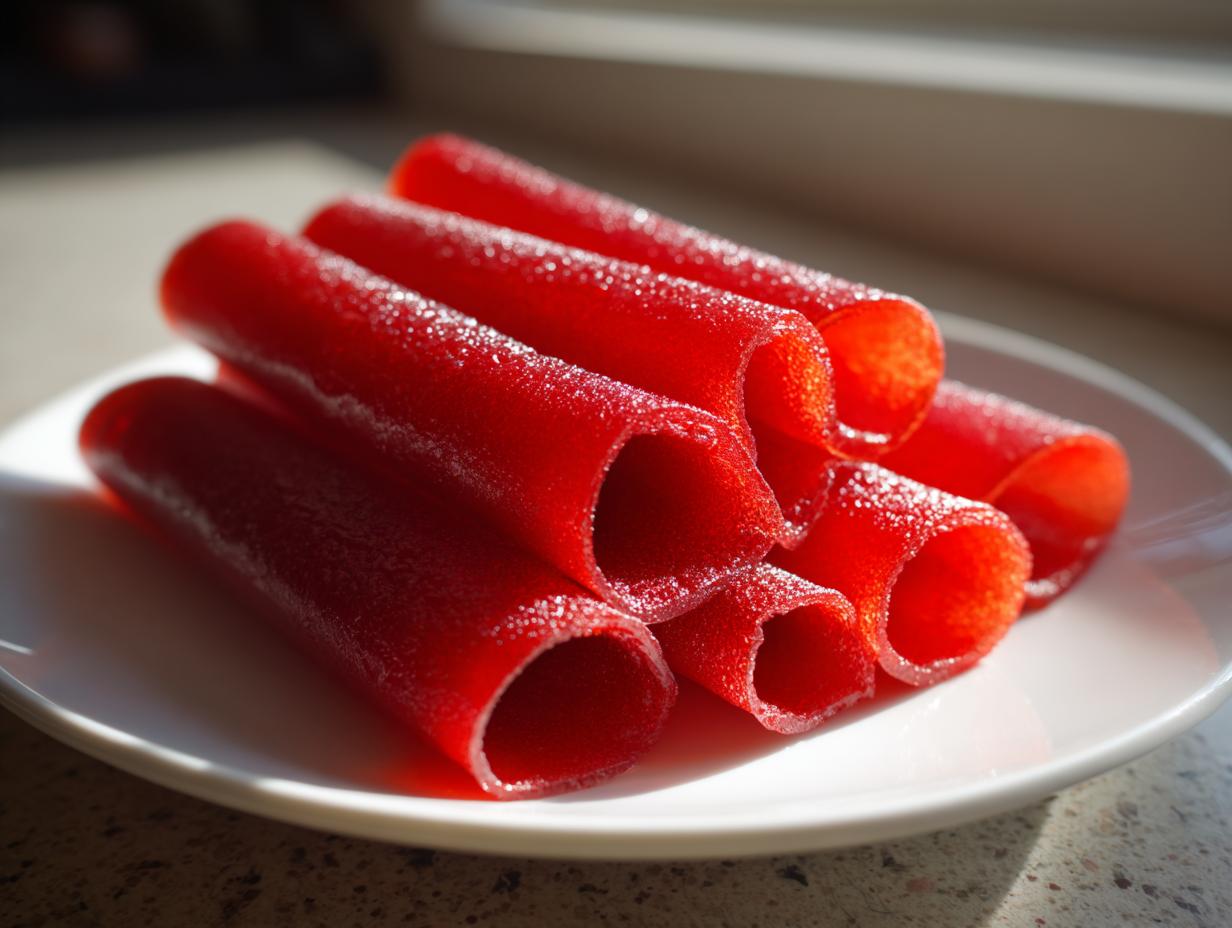 Close-up of several bright red, rolled Strawberry fruit roll up snacks dusted lightly with sugar on a white plate.