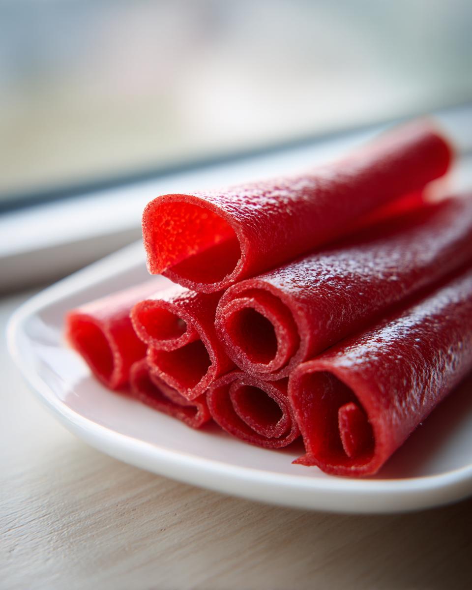 Close-up of bright red, glossy Strawberry fruit roll up pieces neatly rolled and stacked on a small white plate.