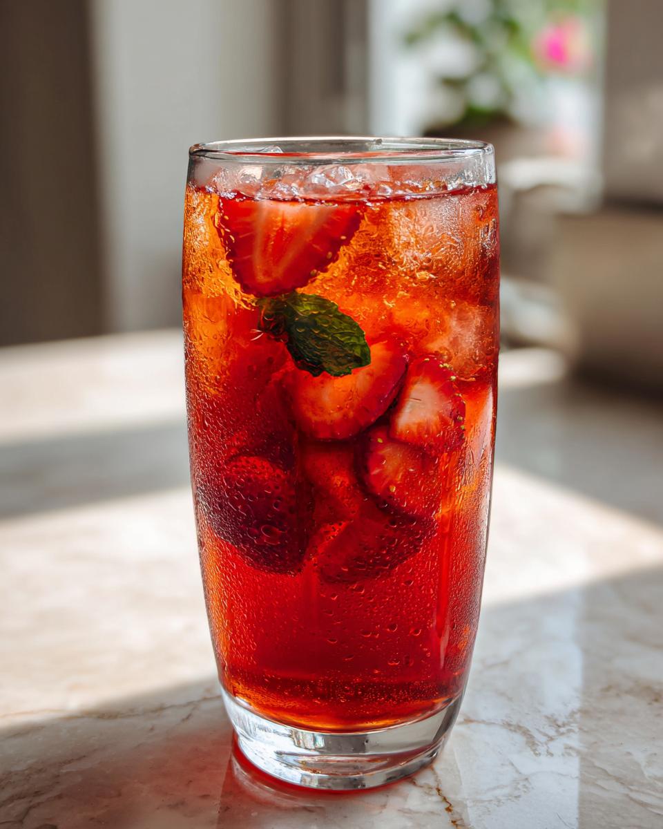 Close-up of a tall, sweating glass filled with vibrant red Strawberry Iced Tea, sliced strawberries, and a mint leaf.