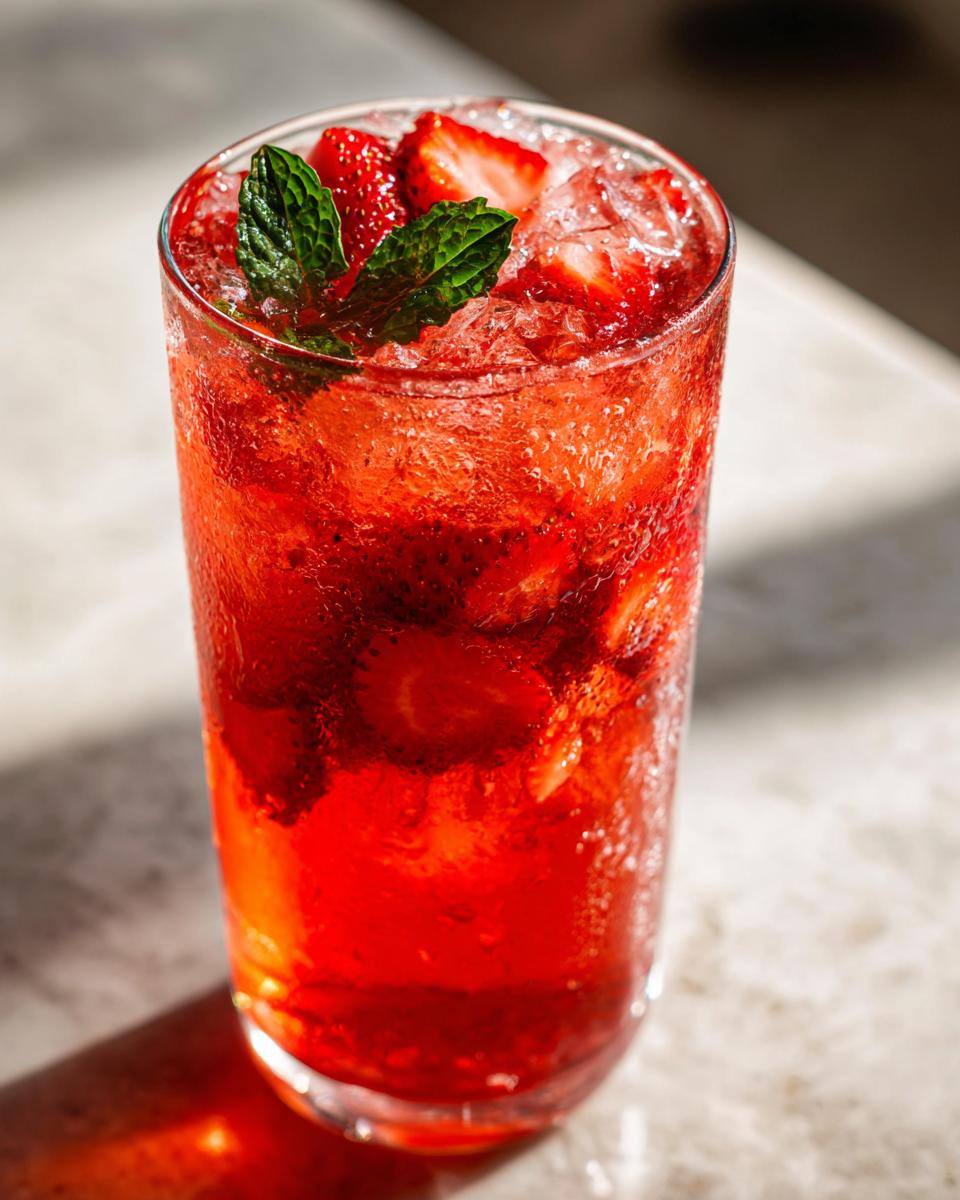 Close-up of a tall, sweating glass filled with bright red Strawberry Iced Tea, crushed ice, and strawberry pieces, garnished with mint.