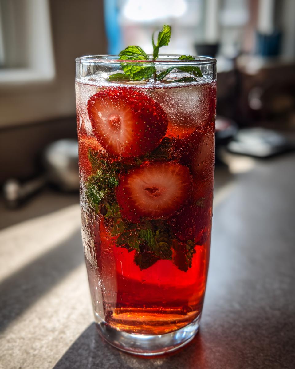 A tall glass of vibrant red Strawberry Iced Tea filled with ice, sliced strawberries, and fresh mint leaves.