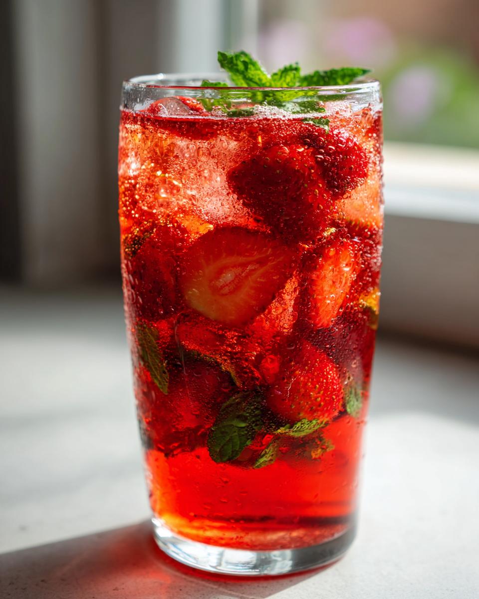 Close-up of a tall glass filled with vibrant red strawberry iced tea, fresh strawberries, ice, and mint leaves.