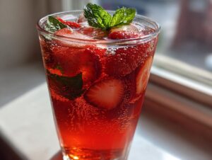 Close-up of a tall glass filled with vibrant red strawberry iced tea, sliced strawberries, ice, and topped with fresh mint leaves.