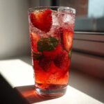 Close-up of a tall glass filled with bright red strawberry iced tea, fresh strawberries, mint leaves, and ice cubes.