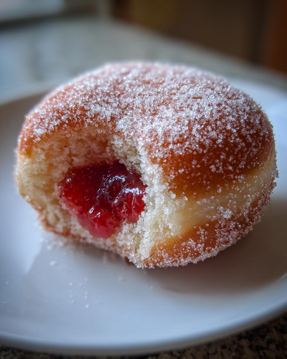 A close-up of a sugared strawberry jelly donut with a bite taken out, revealing bright red jelly filling.