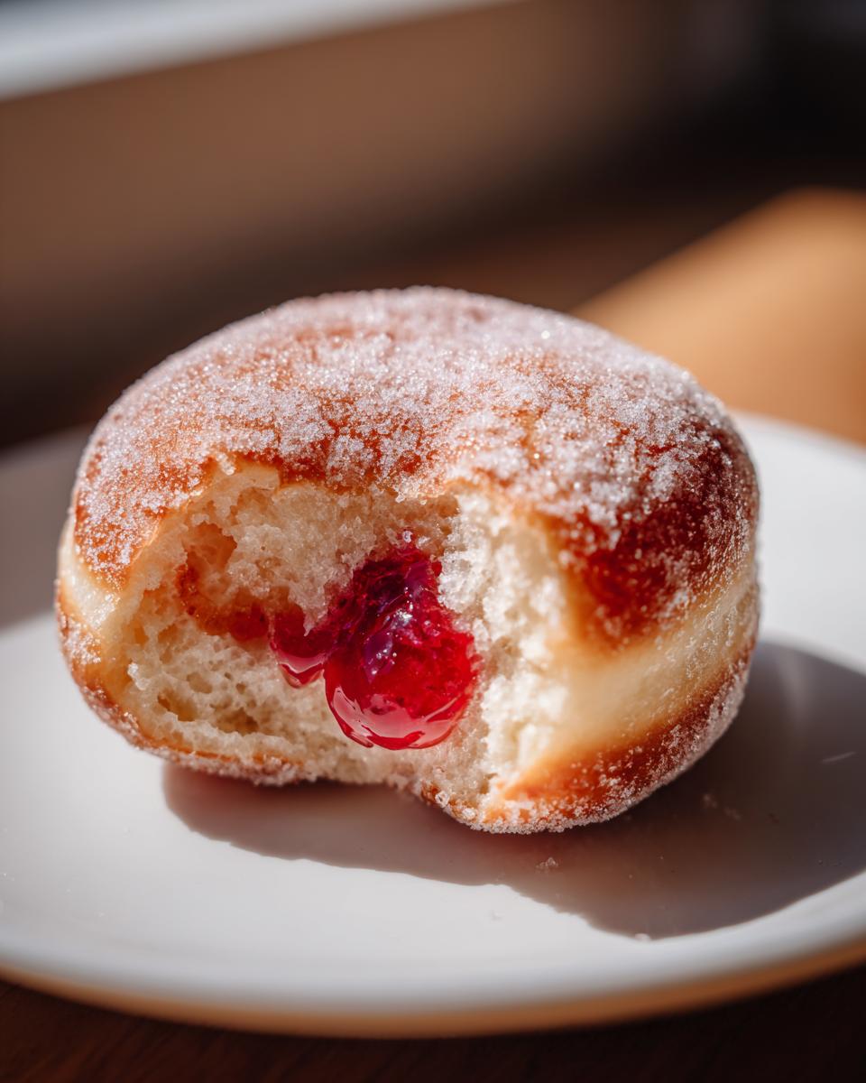 Close-up of a fluffy, sugar-coated strawberry jelly donut with a bite taken out, revealing bright red jelly filling.
