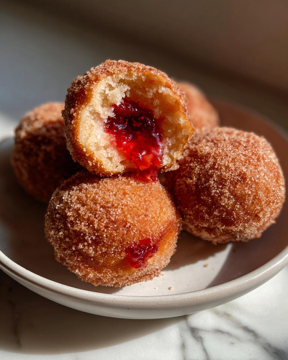 A stack of sugared donuts, with one split open revealing bright red strawberry jelly filling dripping out.