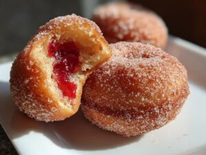 A close-up shot of a sugar-coated strawberry jelly donut, with one donut broken open revealing bright red jelly filling.