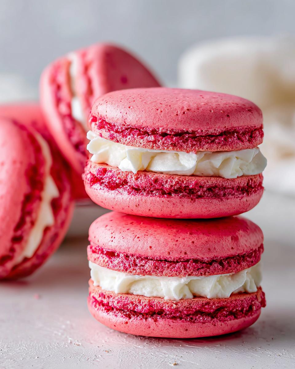 Two bright pink Strawberry macaroon cookies stacked, filled with white cream frosting.