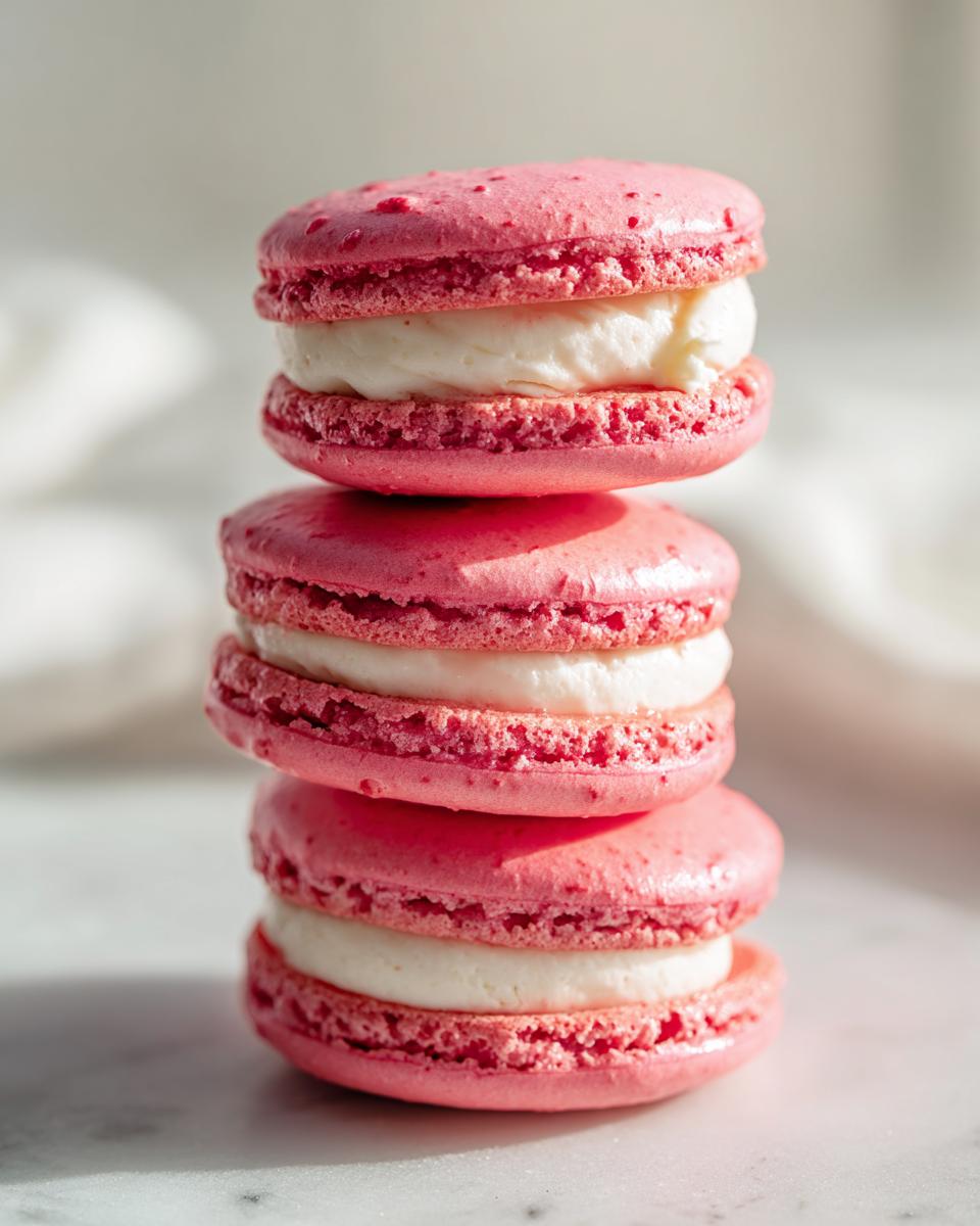 A vertical stack of three bright pink strawberry macaroon cookies filled with white cream, beautifully lit.