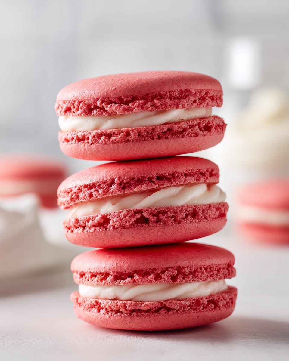 A vertical stack of three bright pink strawberry macaroon cookies filled with white cream frosting.