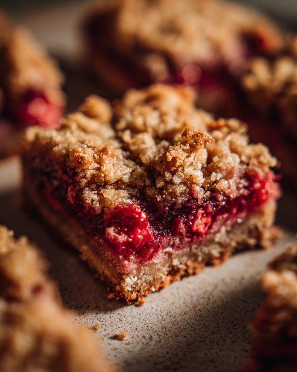 A close-up, low-light shot of a single square of strawberry rhubarb bars showing the thick, bright red fruit filling and crumbly oat topping.
