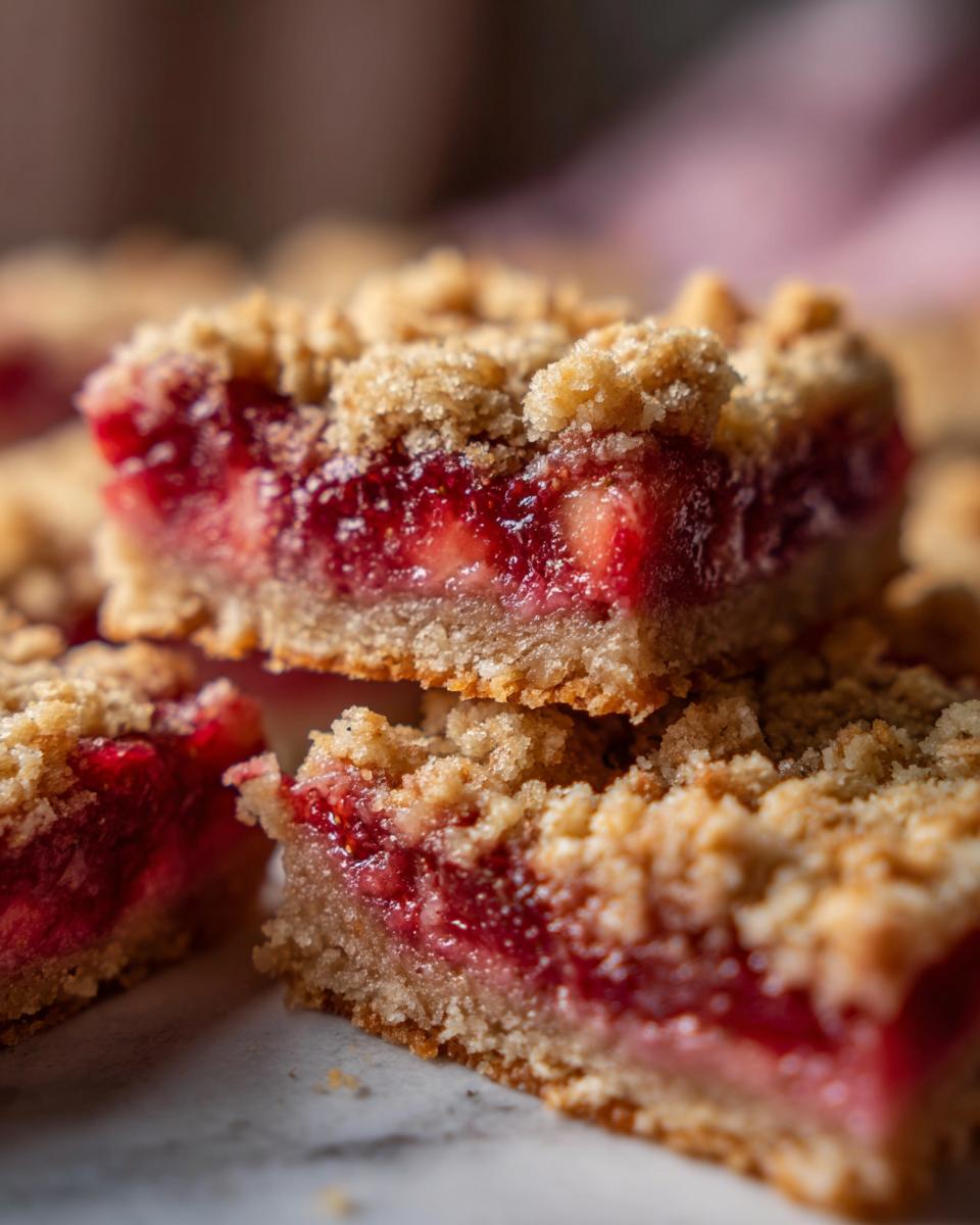 Close-up of stacked, thick Strawberry Rhubarb Bars showing the bright red fruit filling and crumbly oat topping.