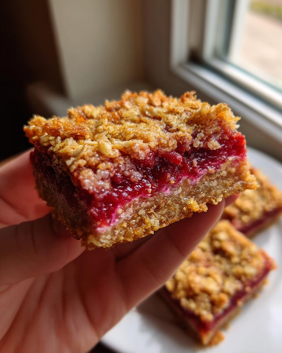 A hand holding up a thick, layered strawberry rhubarb bar with a crumbly oat topping and bright red filling.